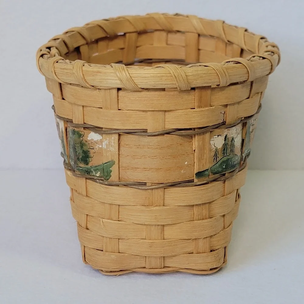 VTG 1992 Handwoven Basket Signed Artisan Farmhouse Decor Painted Scene Woven